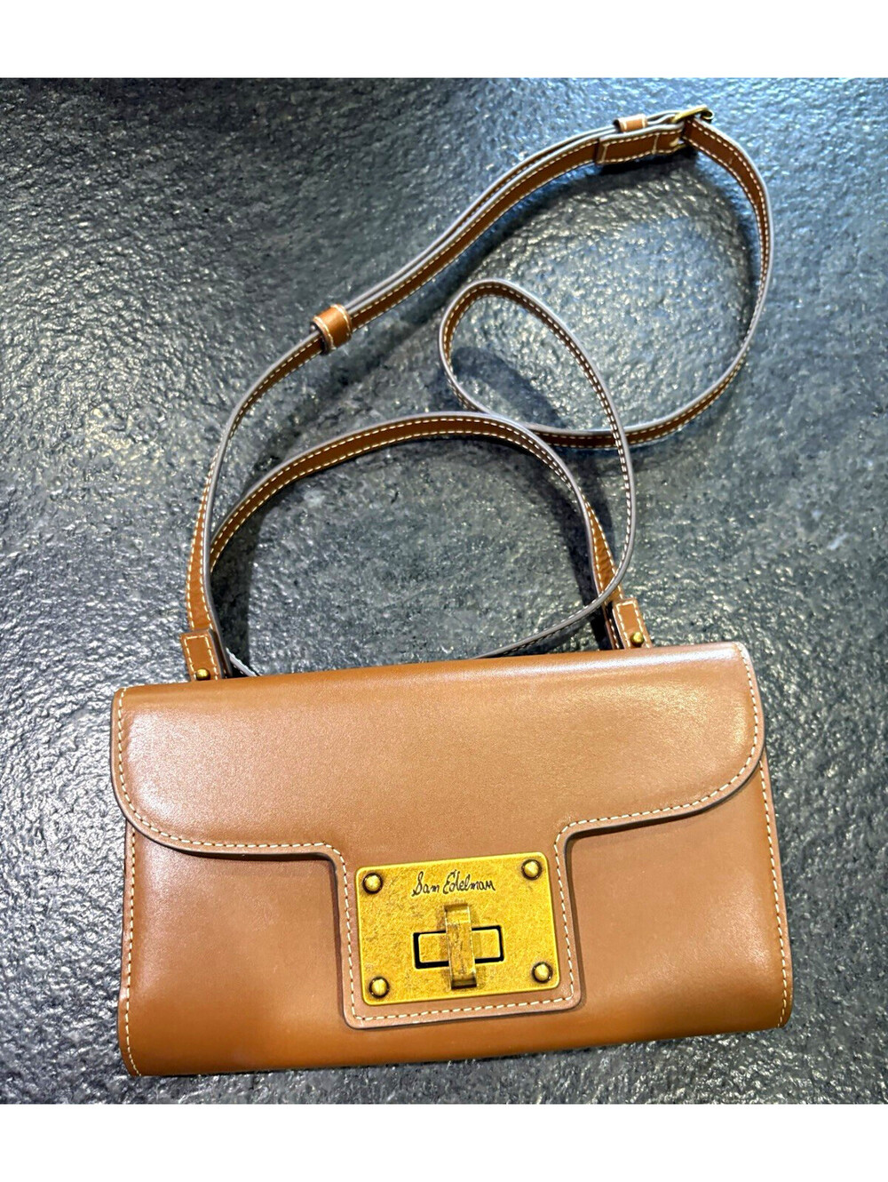 Sam Edelman Brown Small Shoulder Bag Push Lock Gold Hardware Adjustable Strap